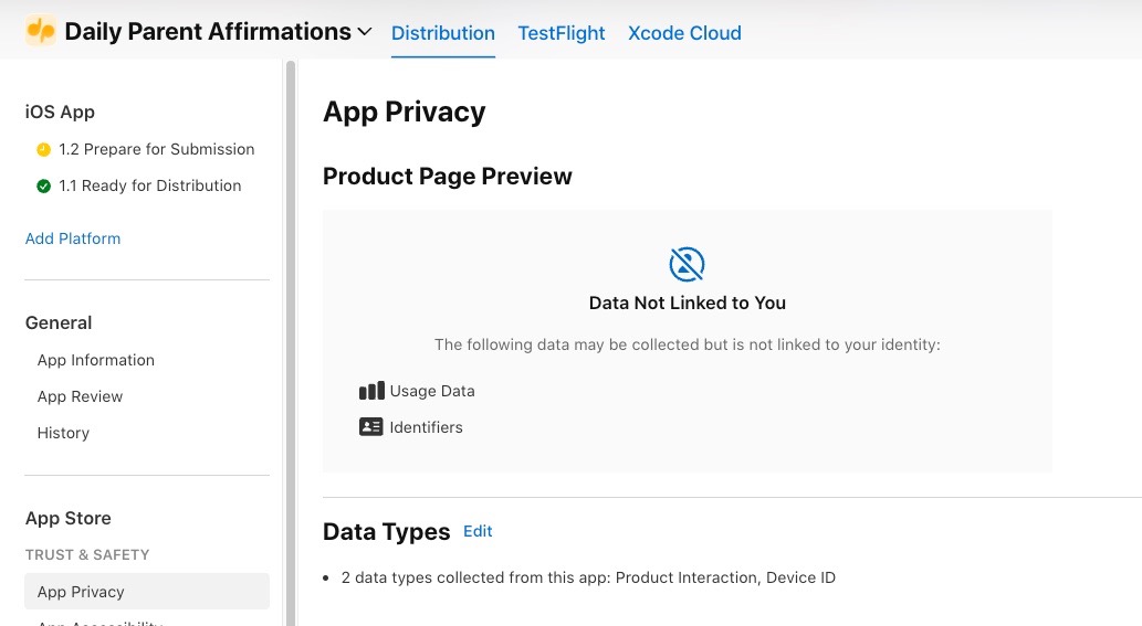 App Privacy β Data Not Linked to You
